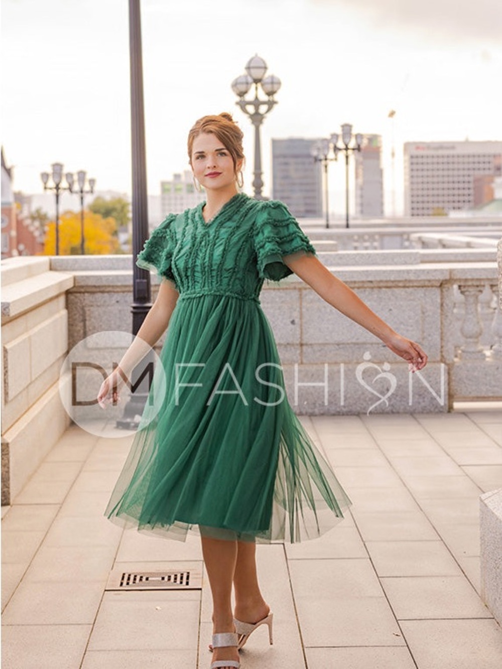 DM Fashion Celeste Emerald Tulle Midi Dress Size Medium